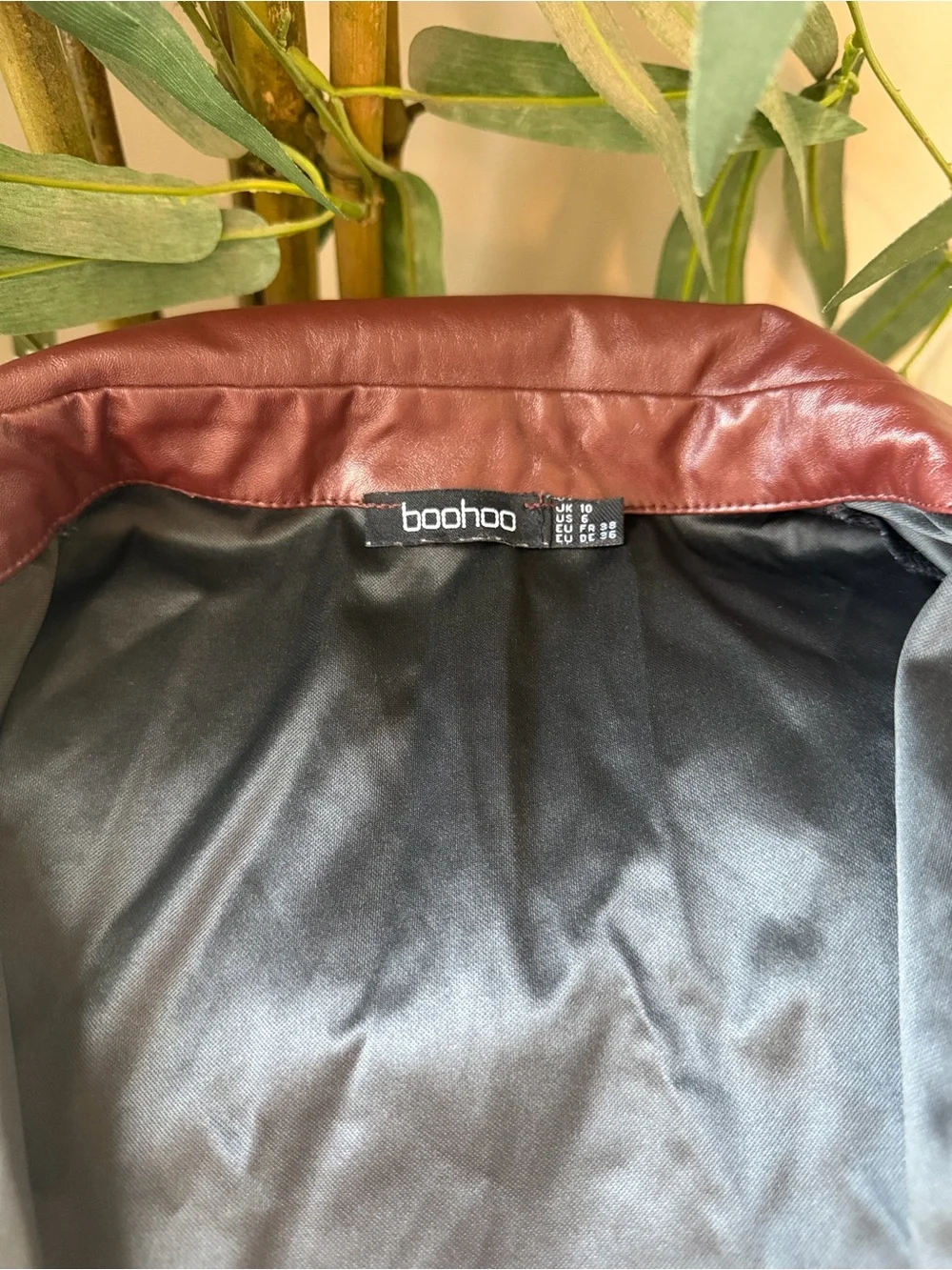 Boohoo Wine Faux Leather Jacket and Skirt Set